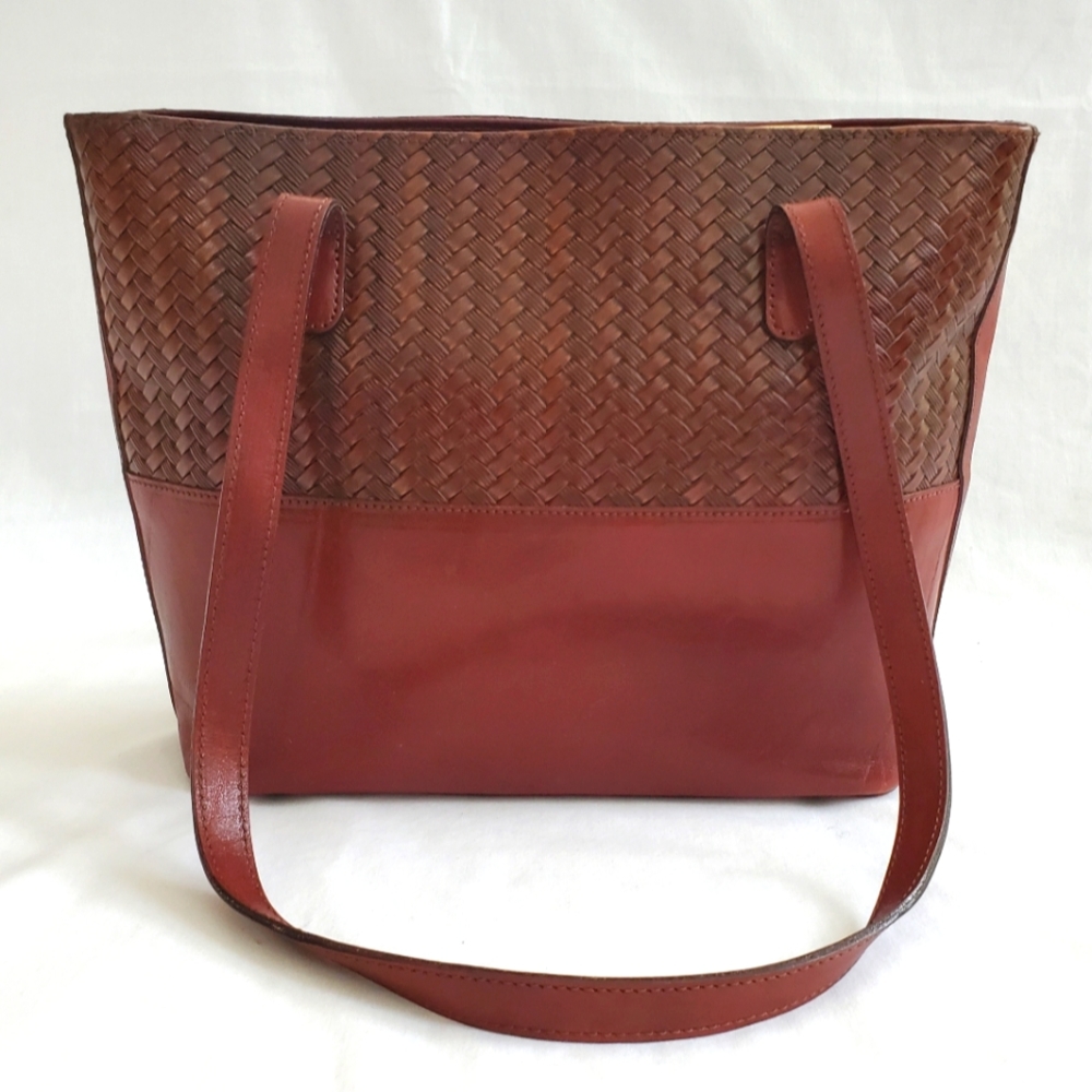 Brahmin Woven and Smooth Leather Tote in Chestnut Red. Size is 9”x12”x4”. - Picture 2 of 12